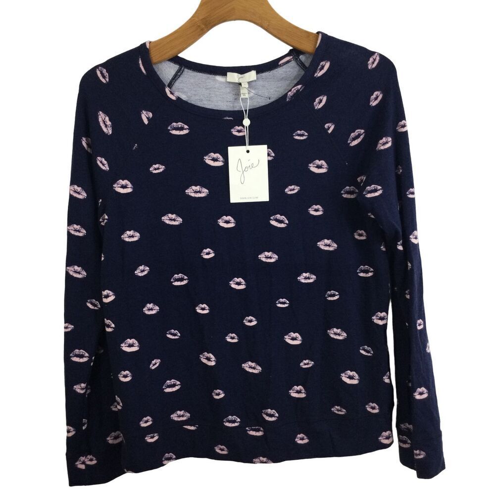 Joie Annora B Lipstick Lips Printed Pullover Sweatshirt Navy Blue Pink S NWT